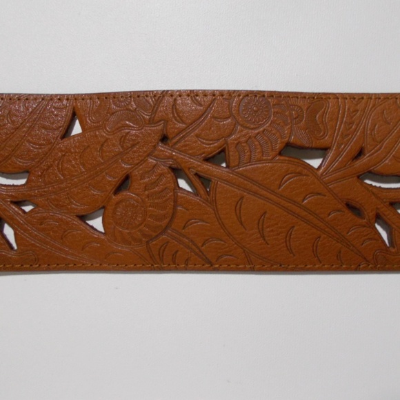Tooled Leather Womens Belt Stone Buckle Fringe main image 5